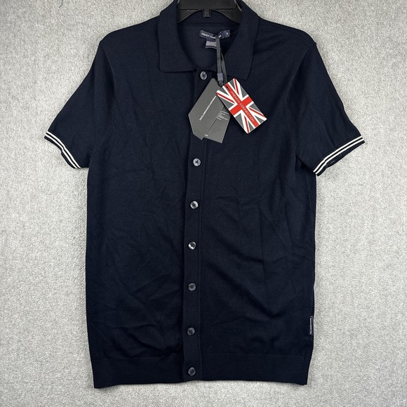 French Connection Shirt Mens Small Navy Blue Button Front Polo Knit Marine S/S - Picture 1 of 9